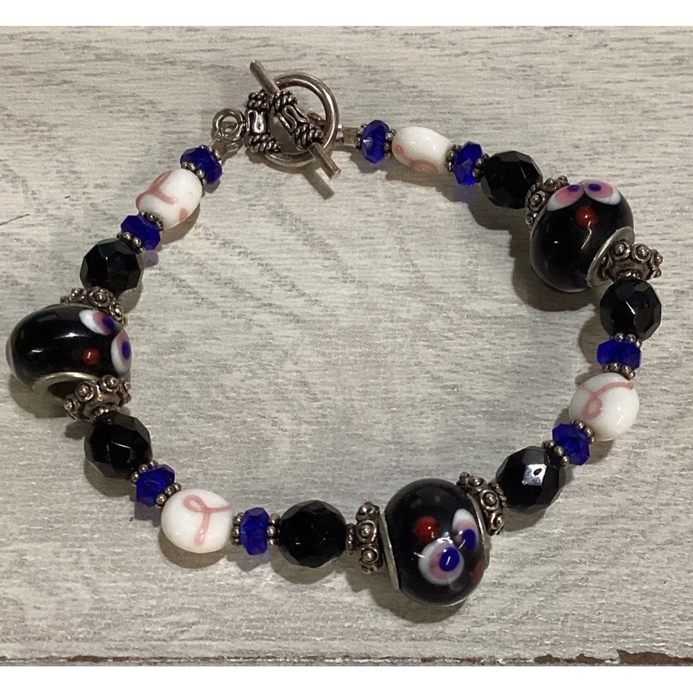 Silvertone Bracelet‎ w/ Multicolor Beaded Breast Cancer Awareness